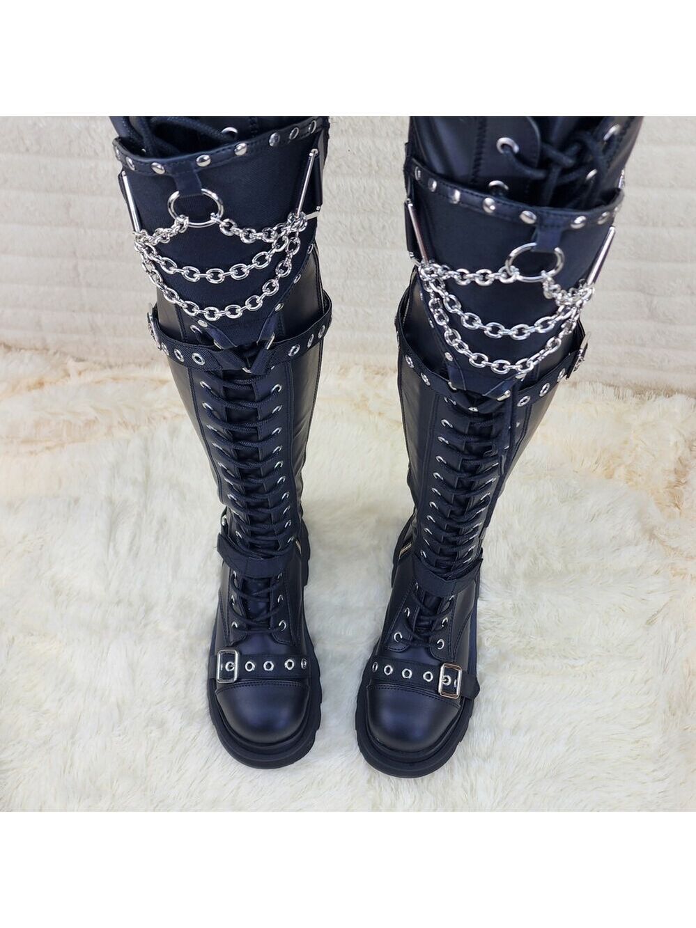 Demonia Black Lace-Up Knee-High Chain Combat Boots